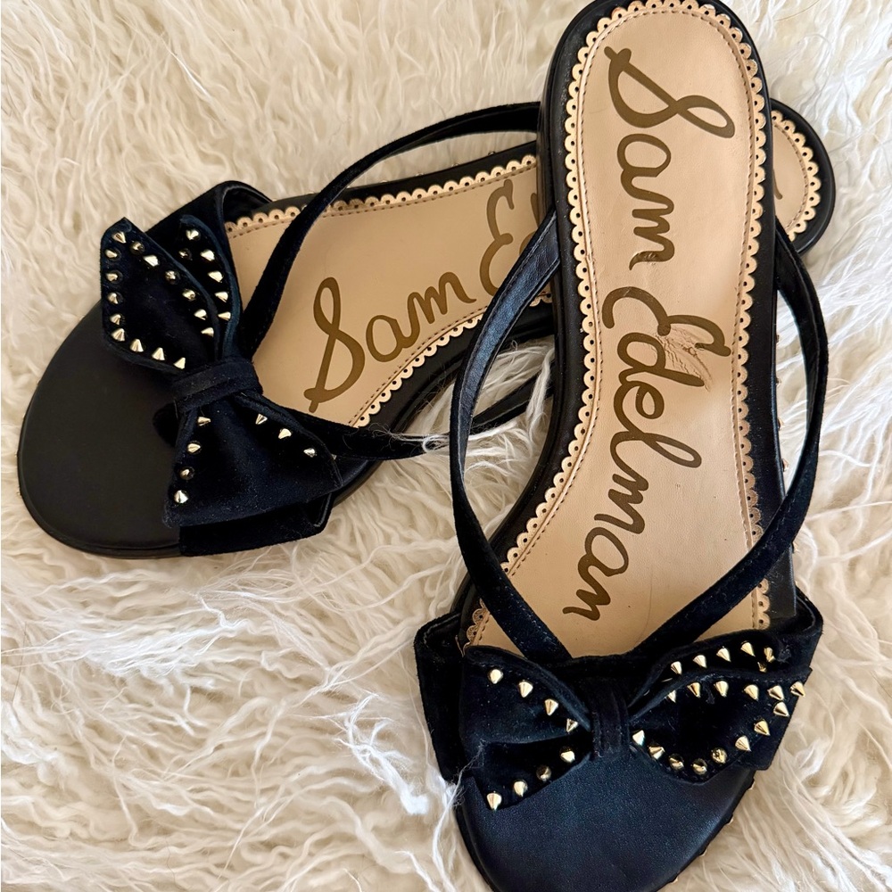 Sam Edelman Dariel Black Gold Studded Bow Flat Slide Sandals